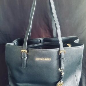 Michael Kors Black Leather Tote with Gold Accents